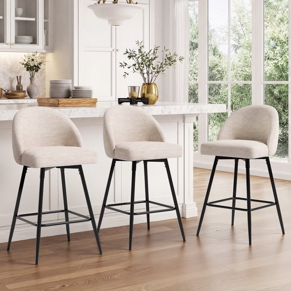 JULY'S SONG Counter Height Bar Stools with Back Sets of 3, 360°Swivel Upholstered Barstools with Metal Legs, 27" Seat Height Bar Stool for Kitchen Island, Beige