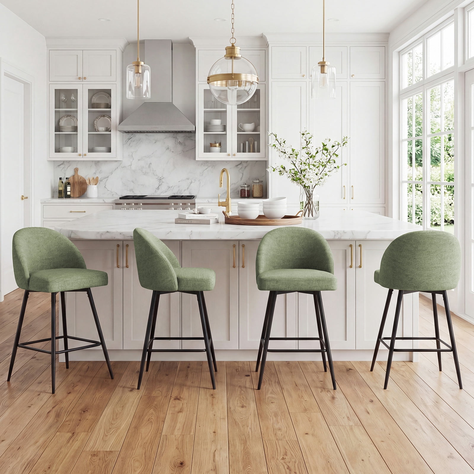 JULY'S SONG Counter Height Bar Stools with Back Sets of 4, 360°Swivel Upholstered Barstools with Metal Legs, 27" Seat Height Bar Stool for Kitchen Island, Green