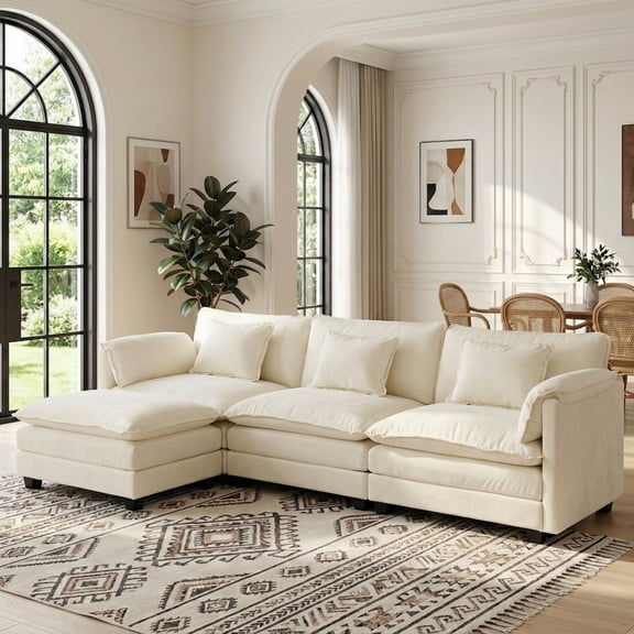 JULY'S SONG 113" L Shaped Couch Set, Deep Seat Modular Sectional Sofa with Movable Ottoman, Plush Couches and Sofas Detachable Cushions, Chenille Sectionals for Living Room, Cream White