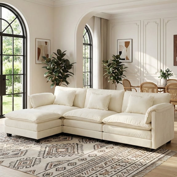 CDCASA L Shaped Couch Set, 3-Seater Modular Sectional Sofa with Movable Ottoman, Deep Seat Couches and Sofas for Living Room, Comfy Cloud Couch with Detachable Cushions, Chenille Cream White
