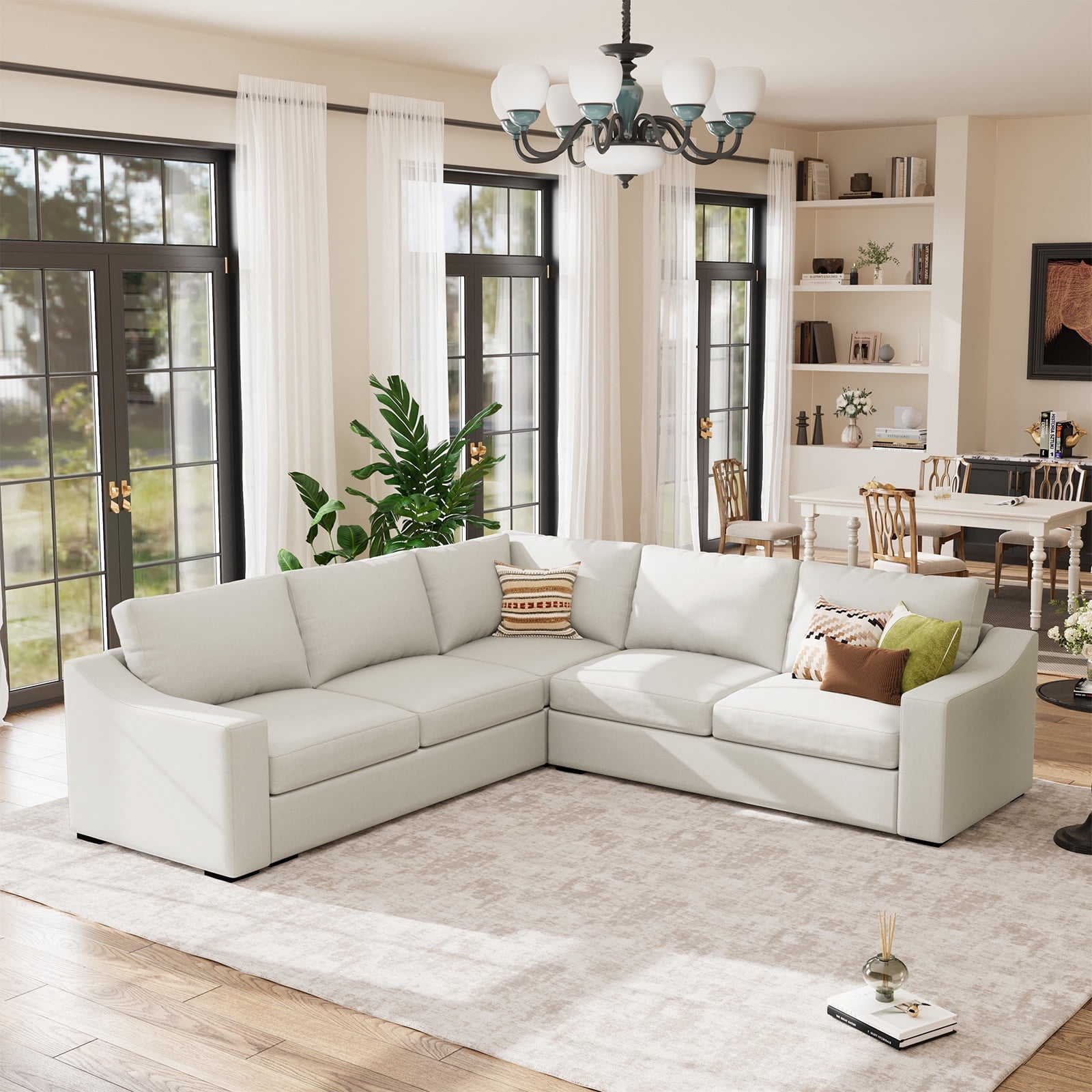 JULY'S SONG L-Shaped Couches for Living Room, Natural Linen Fabric Sectional Couch, Modern Sofa Set with Extra Deep Seats, Ivory