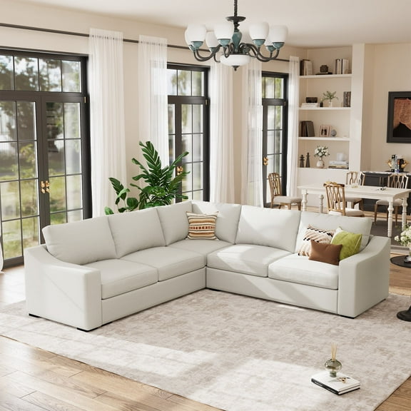 JULY'S SONG L-Shaped Couches for Living Room, Natural Linen Fabric Sectional Couch, Modern Sofa Set with Extra Deep Seats, Ivory