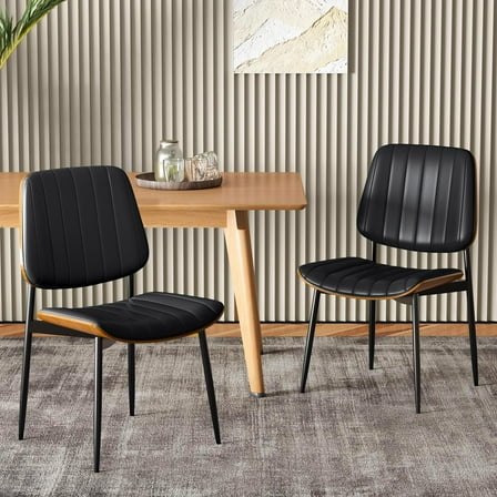 CDCASA Leather Dining Chairs Set of 2, Mid Century Modern Kitchen Chairs with Stitching and Adjustable Metal Legs, Walnut Bentwood Upholstered Dining Room Chairs, Black