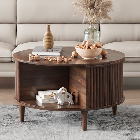 JULY'S SONG Lift Top Coffee Table with Storage, Mid Century Modern Round Coffee Tables for Living Room, 31.5" Wood Coffee Table with Cabinets & Sliding Doors, Dark Brown
