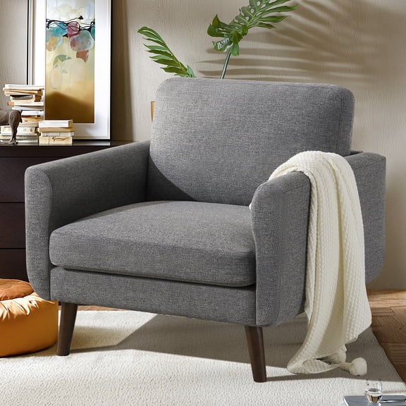 JULY'S SONG Mid Century Modern Accent Chair, Oversized Arm Chairs in Living Room, Soft Linen Fabric Reading Chair for Bedroom, Upholstered Comfy Chair-Grey