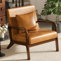 JULY'S SONG Mid Century Modern Accent Chair with Pillow, Leather Upholstered Reading Chair with Wood Frame, 25.6" W Arm Chairs in Living Room,Brown-Leather