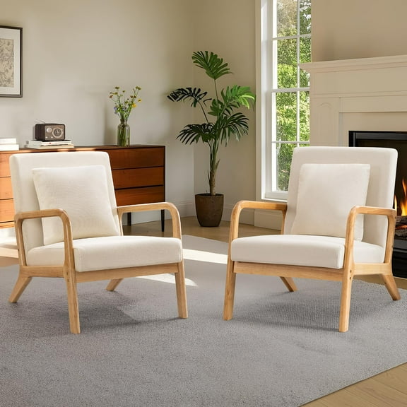 JULY'S SONG Mid Century Modern Accent Chair set of 2, Linen Upholstered Reading Chair with Wood Frame, 25.6" W Arm Chairs in Living Room,White