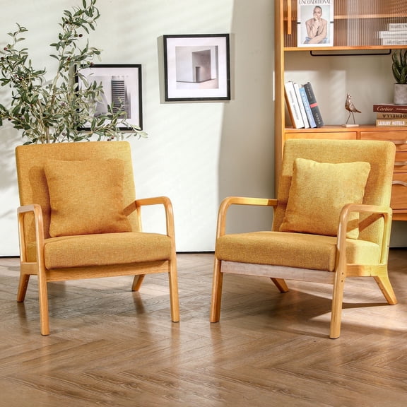 JULY'S SONG Mid Century Modern Accent Chair Set of 2, Linen Upholstered Reading Chairs for Living Room, 25.6" W Fabric Comfy Armchair, Yellow