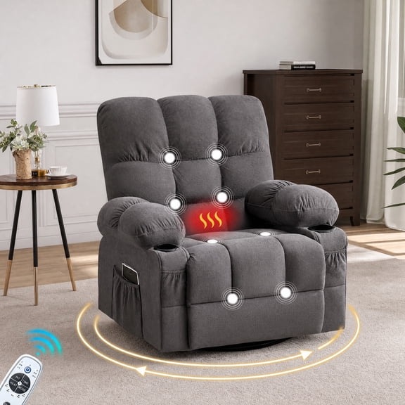 JULY'S SONG Oversized 360° Swivel Rocker Recliner Chair, Massage Heat Manual Glider Recliner with USB Port Cup Holders for Living Room Nursery, Chenille Gray