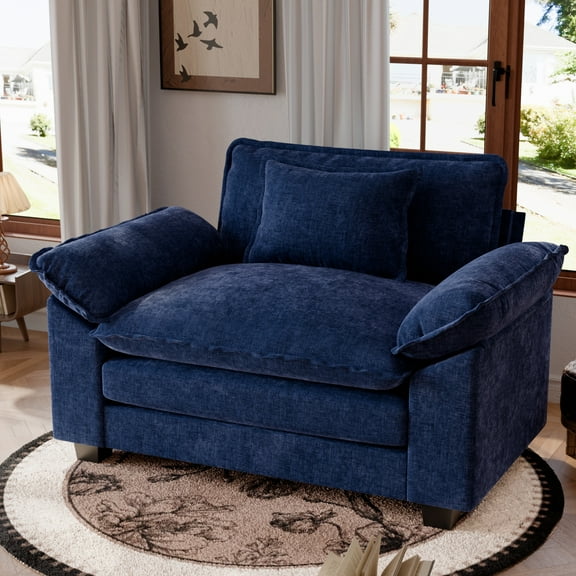 JULY'S SONG Oversized Accent Chair with Arms, Chenille Comfy Cloud Sofa Chairs in Living Room, Cozy Chair and a Half with Deep Seat, Modern Reading Chair for Bedroom, Blue