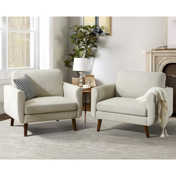 JULY'S SONG Oversized Accent Chair Set of 2, Mid Century Modern Arm Chairs in Living Room, Soft Linen Fabric Reading Chair for Bedroom, Upholstered Comfy Chair-Oatmeal