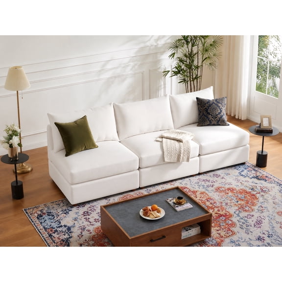 JULY'S SONG Oversized Armless Modular Sectional Sofa, Premium Chenille Convertible Cloud Couch with Washable Cushion Covers, Solid Wood Frame 3-Seater Sofa Couch for Living Room,White