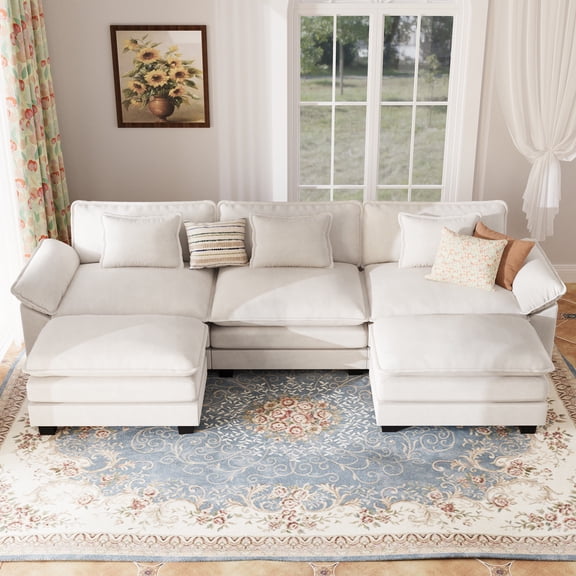JULY'S SONG Oversized Cloud Couch for Living Room , 120" U Shaped Modular Sectional Sofa with Movable Ottoman, Removable Cushions & Deep Seating, Beige