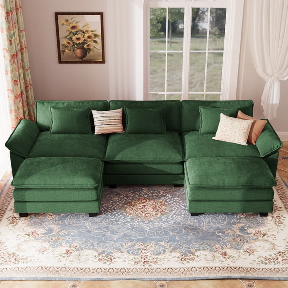 JULY'S SONG Oversized Cloud Couch for Living Room , 120" U Shaped Modular Sectional Sofa with Movable Ottoman, Removable Cushions & Deep Seating, Green