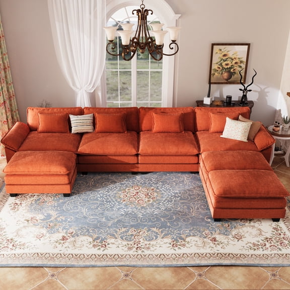 JULY'S SONG Oversized Cloud Couch for Living Room , 154" U Shaped Modular Sectional Sofa with Movable Ottoman, Removable Cushions & Deep Seating, Terracotta Orange