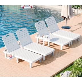 JULY'S SONG Oversized Outdoor Chaise Lounge Chair – 5-Position Adjustable Backrest, Hidden Cup Holder, Weather-Resistant Resin Pool Lounge Chairs for Patio, Deck, and Backyard (Set of 4, White)