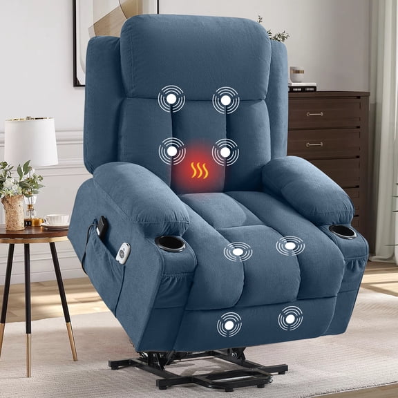 JULY'S SONG Power Lift Recliner Chair with Heat and Massage, Electric Recliner Chairs for Elderly, Remote Control for Living Room with Side Pocket, USB Charge Port, Blue