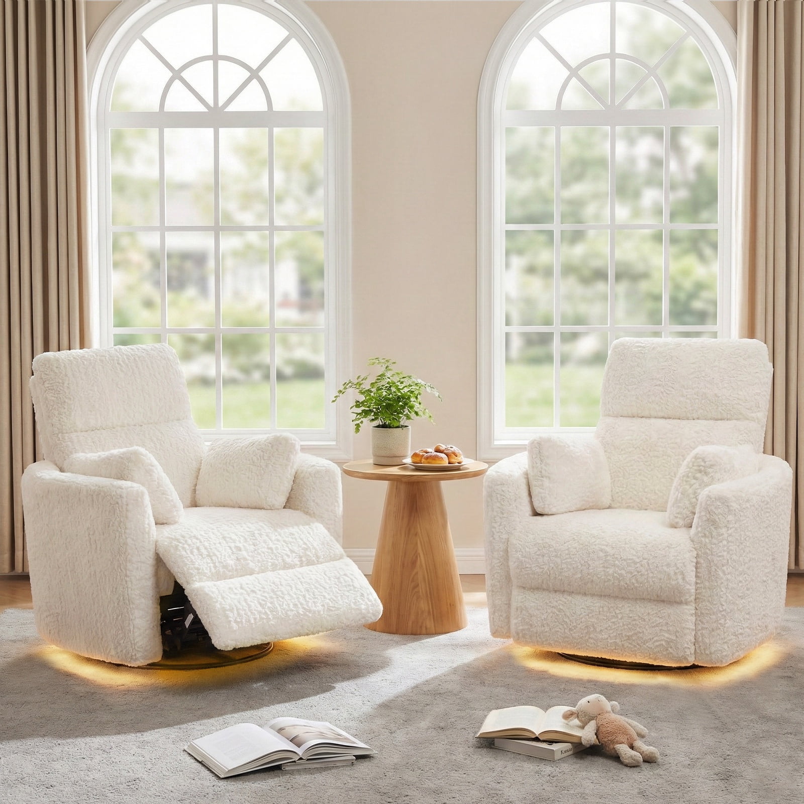 JULY'S SONG Power Nursery Recliner Chair for Living Room, Large 270° Swivel Rocker Recliners w/ 2 Pillows, USB Ports and Night Light, Fluffy Plush Gilder Rocking Chair, White, Set of 2
