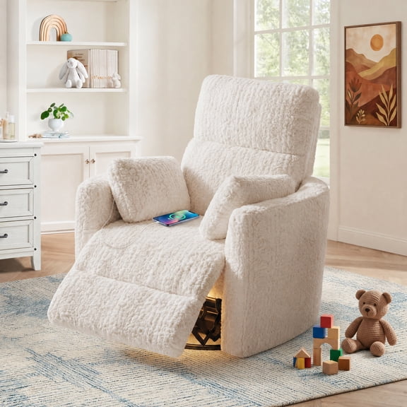 JULY'S SONG Power Nursery Recliner Chair for Living Room, Large Swivel Rocker Recliners w/ 2 Pillows, Charging Ports and Night Light, Fluffy Plush Gilder Rocking Chair, White