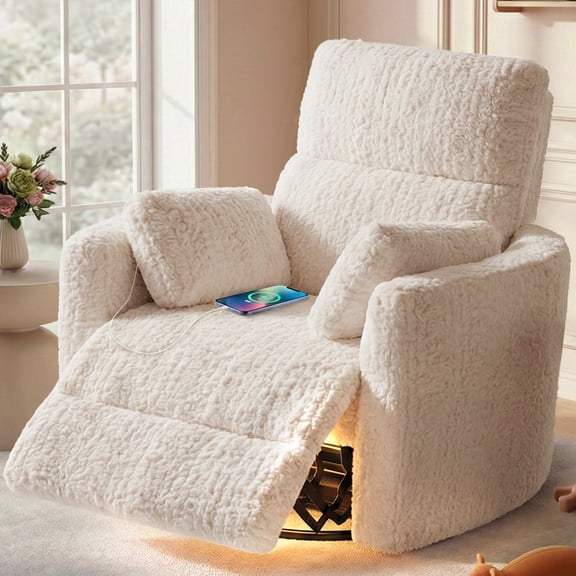 JULY'S SONG Power Nursery Recliner Chair for Living Room, Large Swivel Rocker Recliners w/ 2 Pillows, Charging Ports and Night Light, Fluffy Plush Gilder Rocking Chair, White
