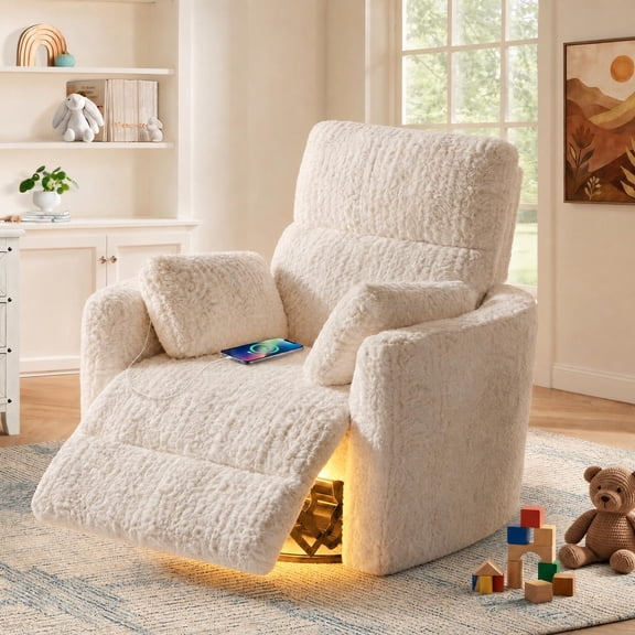 JULY'S SONG Power Swivel Nursery Rocking Chair, Fluffy Plush Rocker Recliner w/ 2 Pillows, USB and Type-C Ports, Large Nursery Chair with Night Light, White