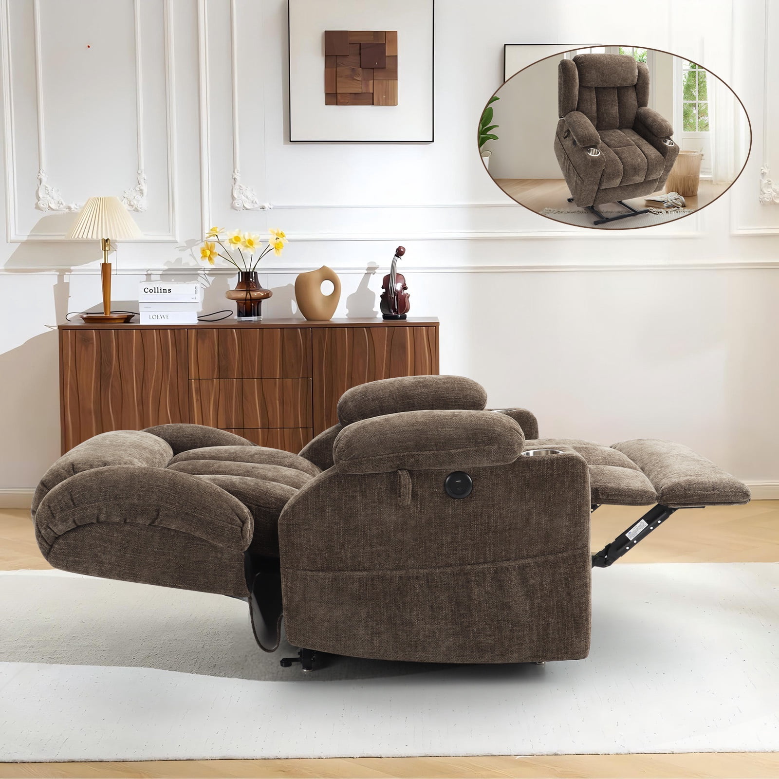 JULY'S SONG Power Recliner Chair with Heat and Massage, Dual Motor Lift Chairs for Elderly with Cup Holders, Oversized Recliners for Adults with USB & Type-C Ports, Brown