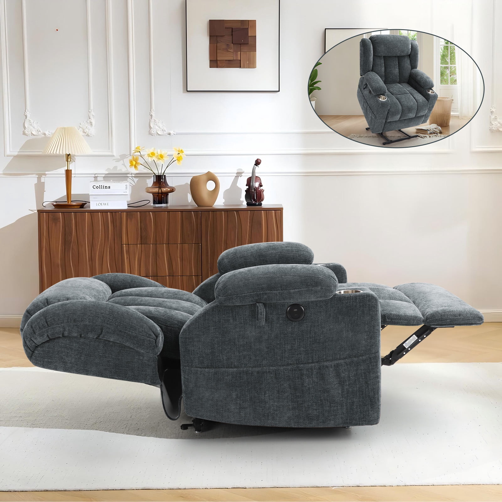 JULY'S SONG Power Recliner Chair with Heat and Massage, Dual Motor Lift Chairs for Elderly with Cup Holders, Oversized Recliners for Adults with USB & Type-C Ports, Grey Blue