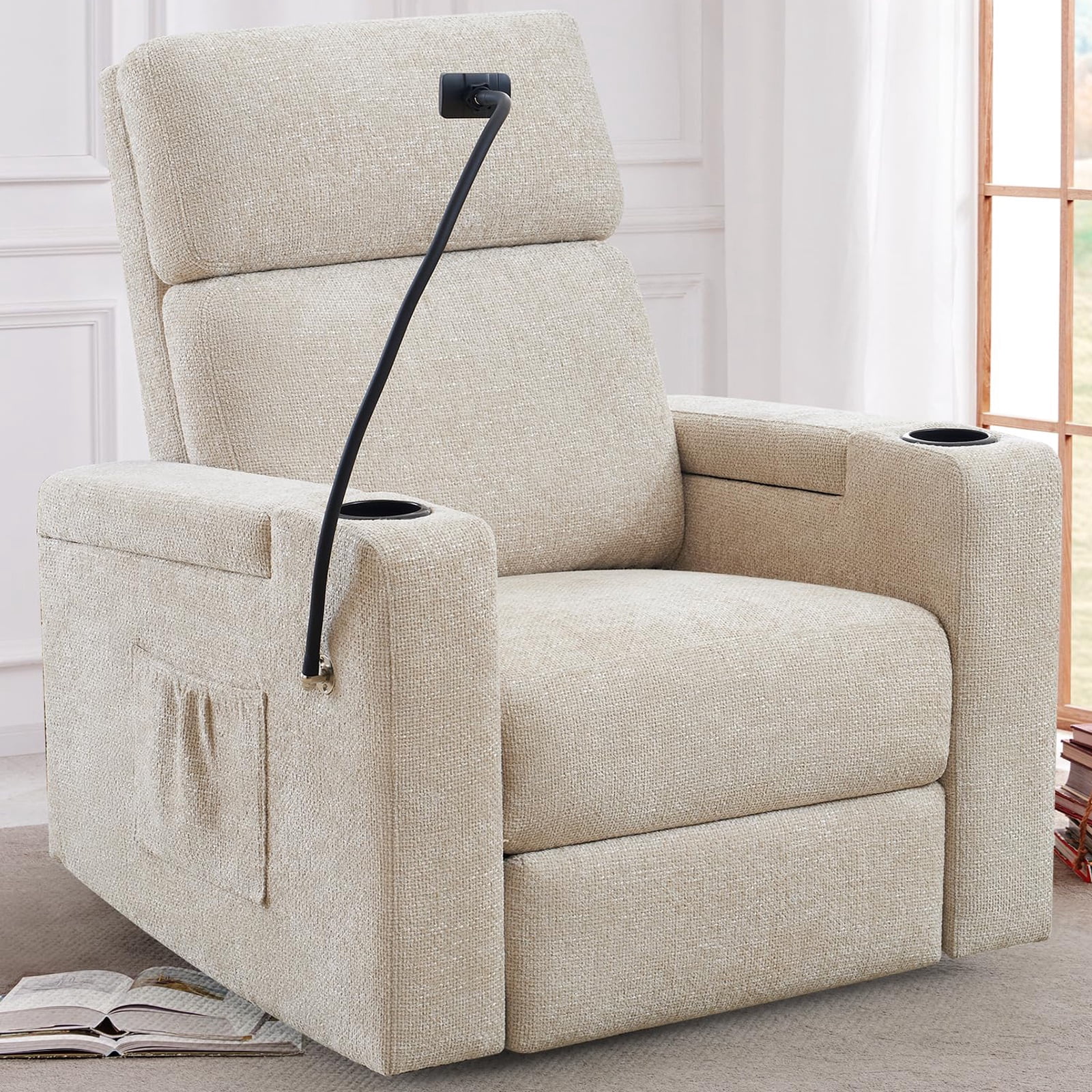 JULY'S SONG Power Recliner Rocking Chair for Nursery, Swivel Rocker Recliner Chair with Phone Holder, USB/Type-C Ports, Nursery Glider Recliners with Arm Storage,Light Brown