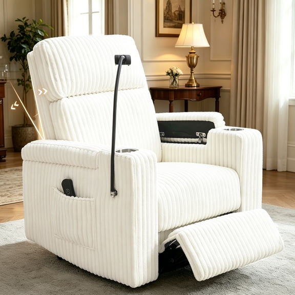 JULY'S SONG Power Recliner Rocking Chair for Nursery, Swivel Rocker Recliner Chair with Phone Holder, USB/Type-C Ports, Nursery Glider Recliners with Arm Storage,White