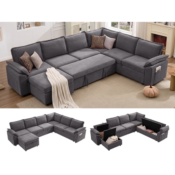JULY'S SONG Pull Out Sectional Sleeper Sofa Bed with Storage, 125" Oversized L Shaped Modular Sectional Couch with Removable Cover, 7 Seat Extra Large Sectionals for Living Room, Gray