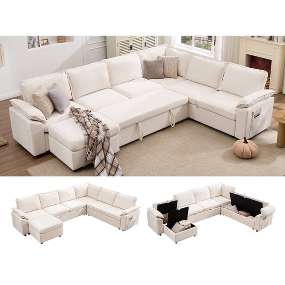 JULY'S SONG Pull Out Sectional Sleeper Sofa Bed with Storage, 125" Oversized L Shaped Modular Sectional Couch with Removable Cover, 7 Seat Extra Large Sectionals for Living Room, Beige
