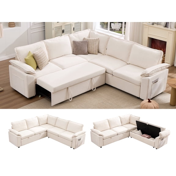 JULY'S SONG Pull Out Sectional Sleeper Sofa Bed with Storage, 98.6" Oversized L Shaped Modular Sectional Couch with Removable Cover, 5 Seat Extra Large Sectionals for Living Room, Beige