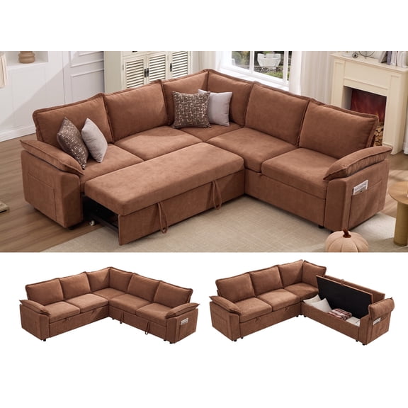 JULY'S SONG Pull Out Sectional Sleeper Sofa Bed with Storage, 98.6" Oversized L Shaped Modular Sectional Couch with Removable Cover, 5 Seat Extra Large Sectionals for Living Room, Russet Brown