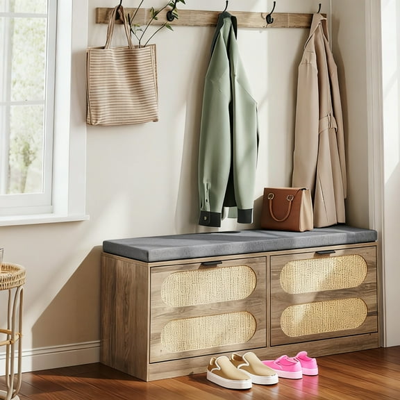 JULY'S SONG Rattan Shoe Rack with Drawers, Shoe Cabinet with Coat Rack, Shoe Storage Bench for Entryway with Cushion, Light Wood-Oval