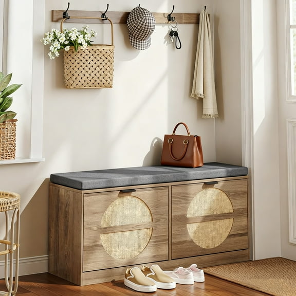 JULY'S SONG Rattan Shoe Rack with Drawers, Shoe Cabinet with Coat Rack, Shoe Storage Bench for Entryway with Cushion, Light Wood-Round