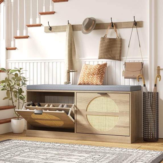 JULY'S SONG Rattan Shoe Rack with Drawers, Shoe Cabinet with Coat Rack, Shoe Storage Bench for Entryway with Cushion, Light Wood-Round
