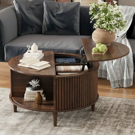 CDCASA Round Coffee Table with Storage, Fluted Lift Top Coffee Tables for Living Room, Mid Century Modern Round Center Table with Sliding Cabinet Door, Dark Brown