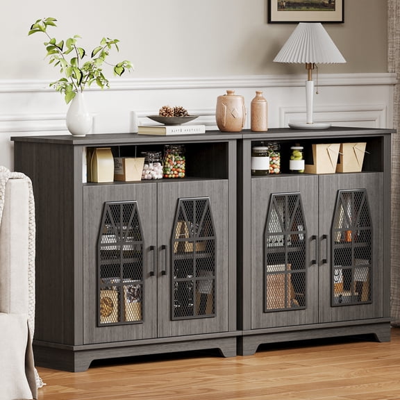 JULY'S SONG Sideboard Buffet Cabinet with Storage, Modern Black Kitchen Buffet with Metal Mesh Door & Adjustable Shelf, Wood Credenzas for Living Room, Dining Room, Set of 2