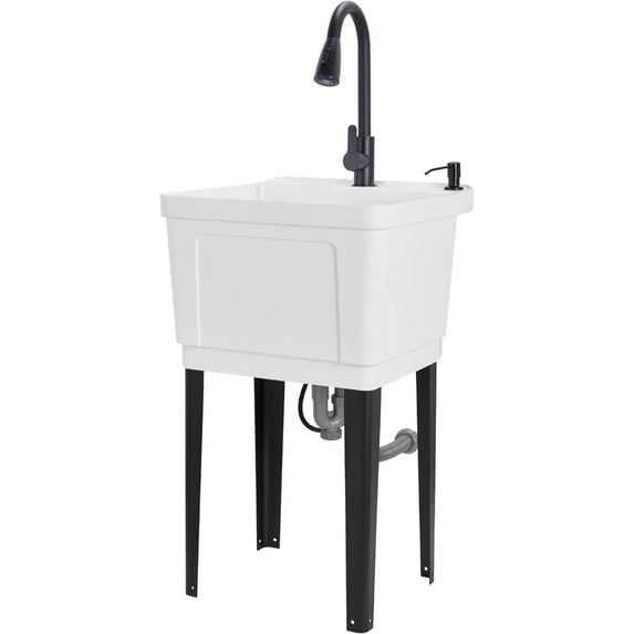 Jumbl Freestanding Utility Sink with Pull-Down Faucet, Laundry Room Sink w/Gooseneck Sprayer & More