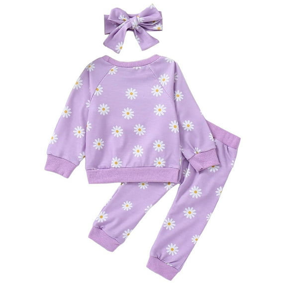 JUMESG 3Pcs Baby Girl Outfits Daisy Sweatshirt + Pants + Headband Fall Winter Clothes Girls 2 Piece Outfits Long Sleeve,Purple 90