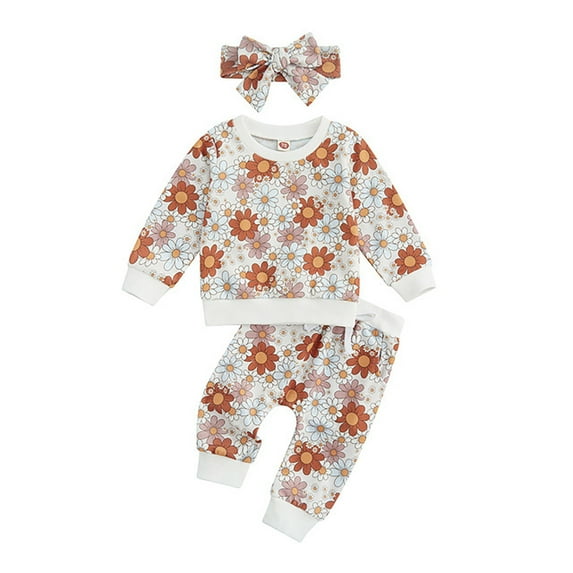 JUMESG 3Pcs Baby Girl Outfits Daisy Sweatshirt + Pants + Headband Fall Winter Clothes Girls Fall Outfits,Khaki 80