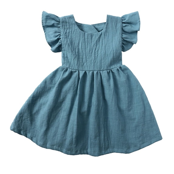 JUMESG Baby Girl Dress Toddler Girls Dress Cotton Linen Ruffle Backless Sleeveless Kids Casual Party Dresses,Blue 3-4 Years