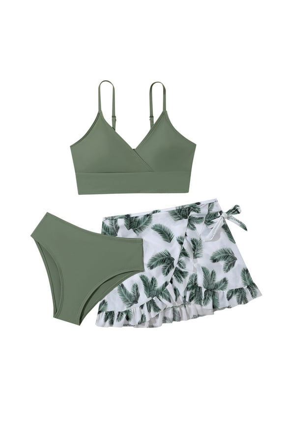 JUMESG Bathing Suits for Teens Girls Swimsuit 3 Piece Bikini Sets with Chest Pad,Green 9-10 Years