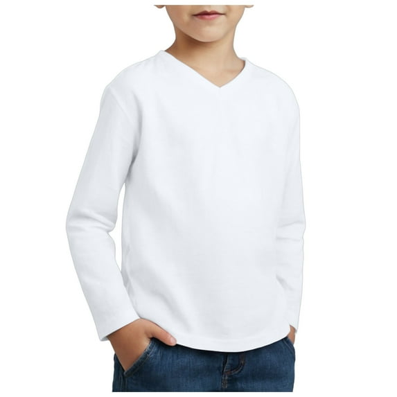 JUMESG Boys Long Sleeve Shirts Boys Long Sleeve Shirts Boys' Cotton V Neck Basic Long Sleeve Tees Soft Kids' Long Sleeve T-Shirts Top (White,4-5 Years)