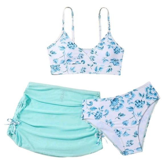 JUMESG Cute 3 Piece Swimsuit for Girls V Neck Spaghetti Strap Triangle Bikini Set Floral Print Beach Bathing Suit 7-13 Years (Mint Green,12-13 Years)