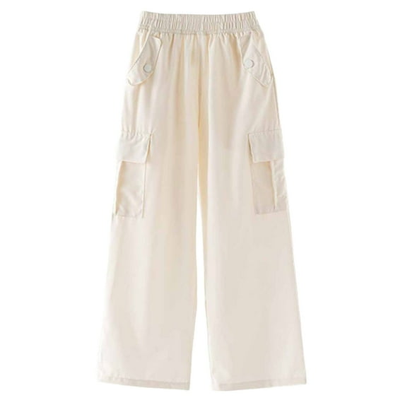 JUMESG Girls High Waist Cargo Pants Wide Leg Loose Casual Trousers with Pockets Beige 6-7 Years