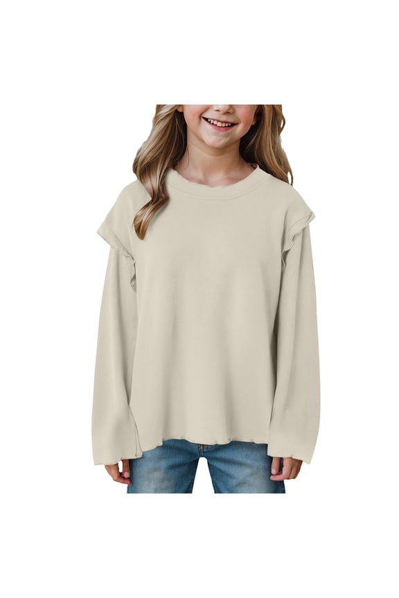 JUMESG Girls Long Sleeve Shirts Casual Ruffle Trim Crewneck Blouse Tops (Beige,12-18 Months)