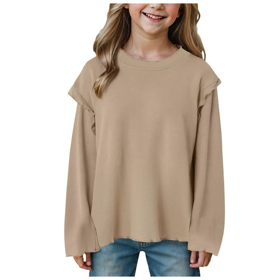 JUMESG Girls Long Sleeve Shirts Casual Ruffle Trim Crewneck Blouse Tops (Coffee,4-5 Years)