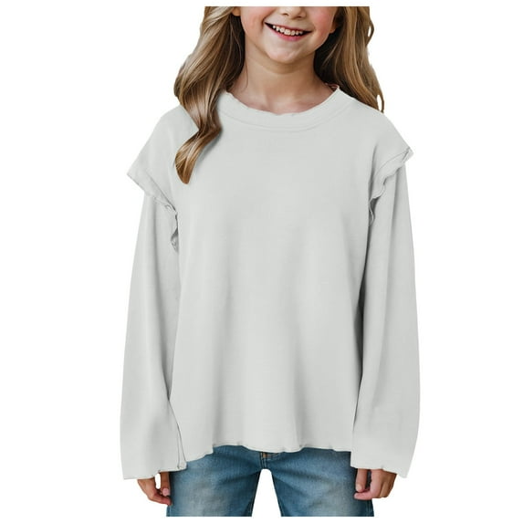 JUMESG Girls Long Sleeve Shirts Casual Ruffle Trim Crewneck Blouse Tops (White,3-4 Years)