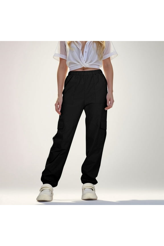 JUMESG Girls Pants Plus Girls Cargo Pants with Pockets Elastic Waistband Kids Wide Leg Youth Loose Straight School Trousers (Black,11-12 Years)